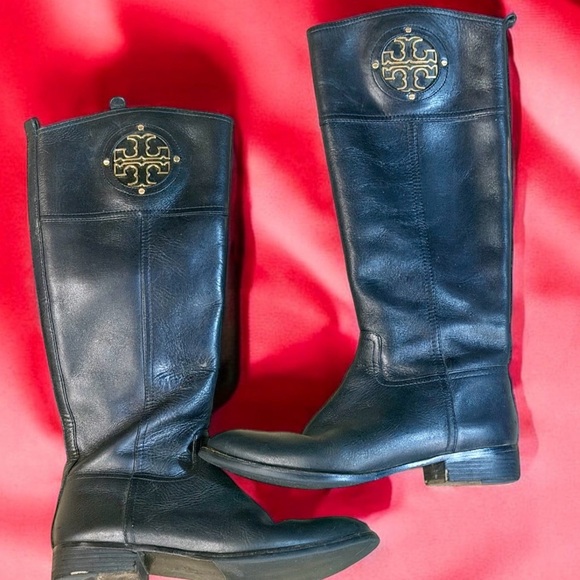 Tory Burch Shoes - Tory Burch Kiernan Riding Boots Black Leather Knee High Gold Logo 10M